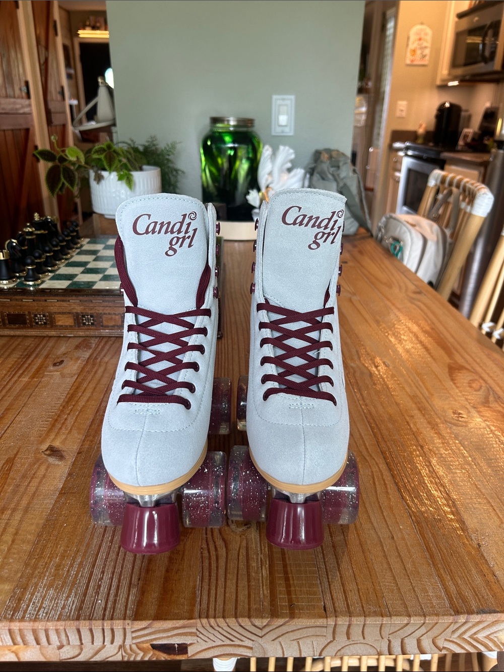 Blue/Gray Suede Roller Skates with Burgundy Accents - Picture 2 of 4